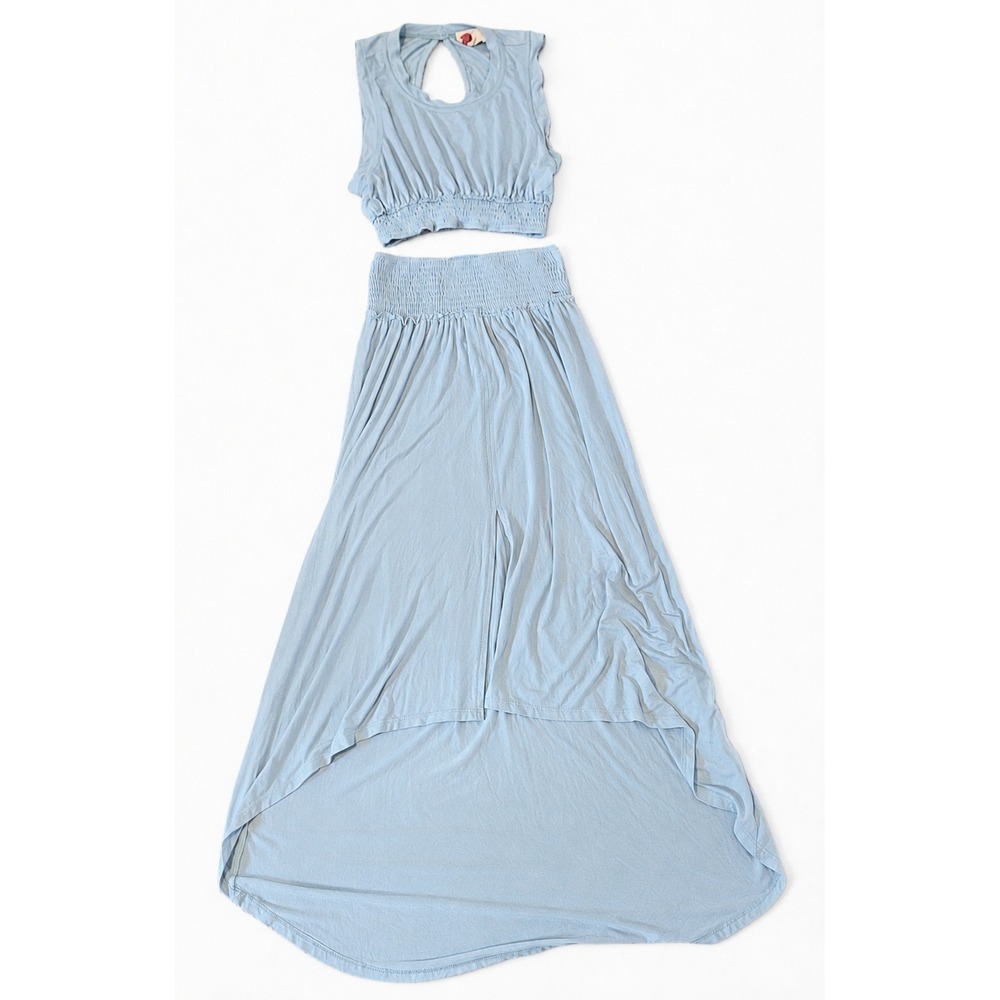 Free People Beach Womens XS Blue Smocked Crop Top and High Low Maxi Skirt Set - Picture 2 of 10